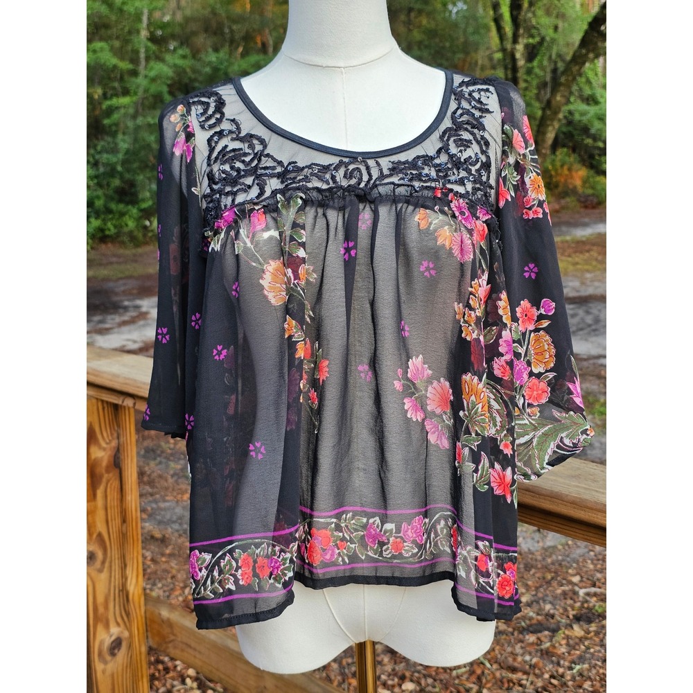 Angie Sheer Floral Blouse Black Sequin Embellished Flowy Fairy Grunge Top L